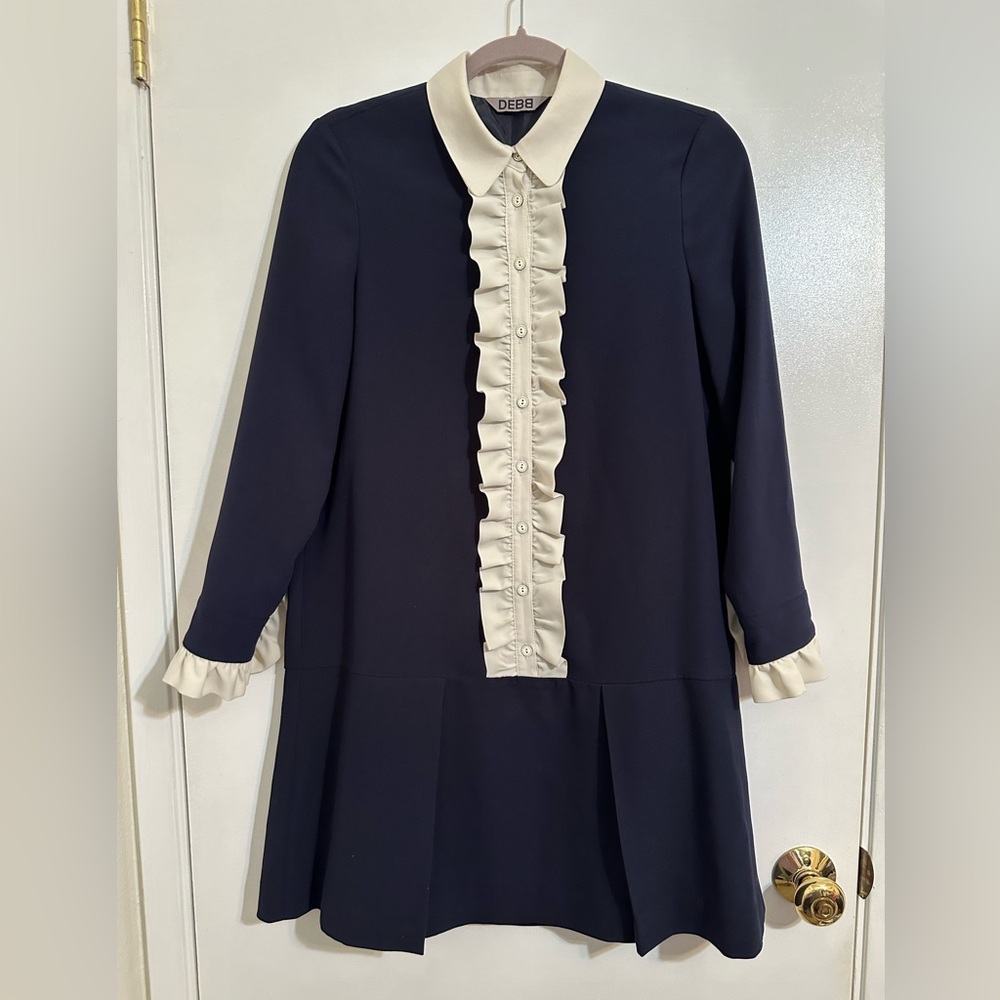 EUC ANDY & DEBB Korean Ruffled Placket Pleated Drop Waist Long Sleeve Mini Dress